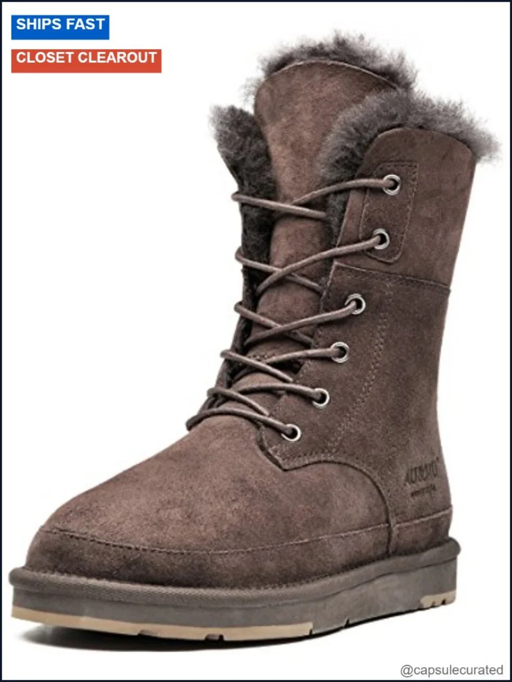 Shearling Leather Lace Up Snow Boots Mid Calf Winter Warm Fur Boots